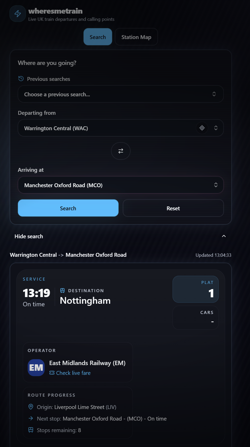 wheresmetrain.com homepage screenshot